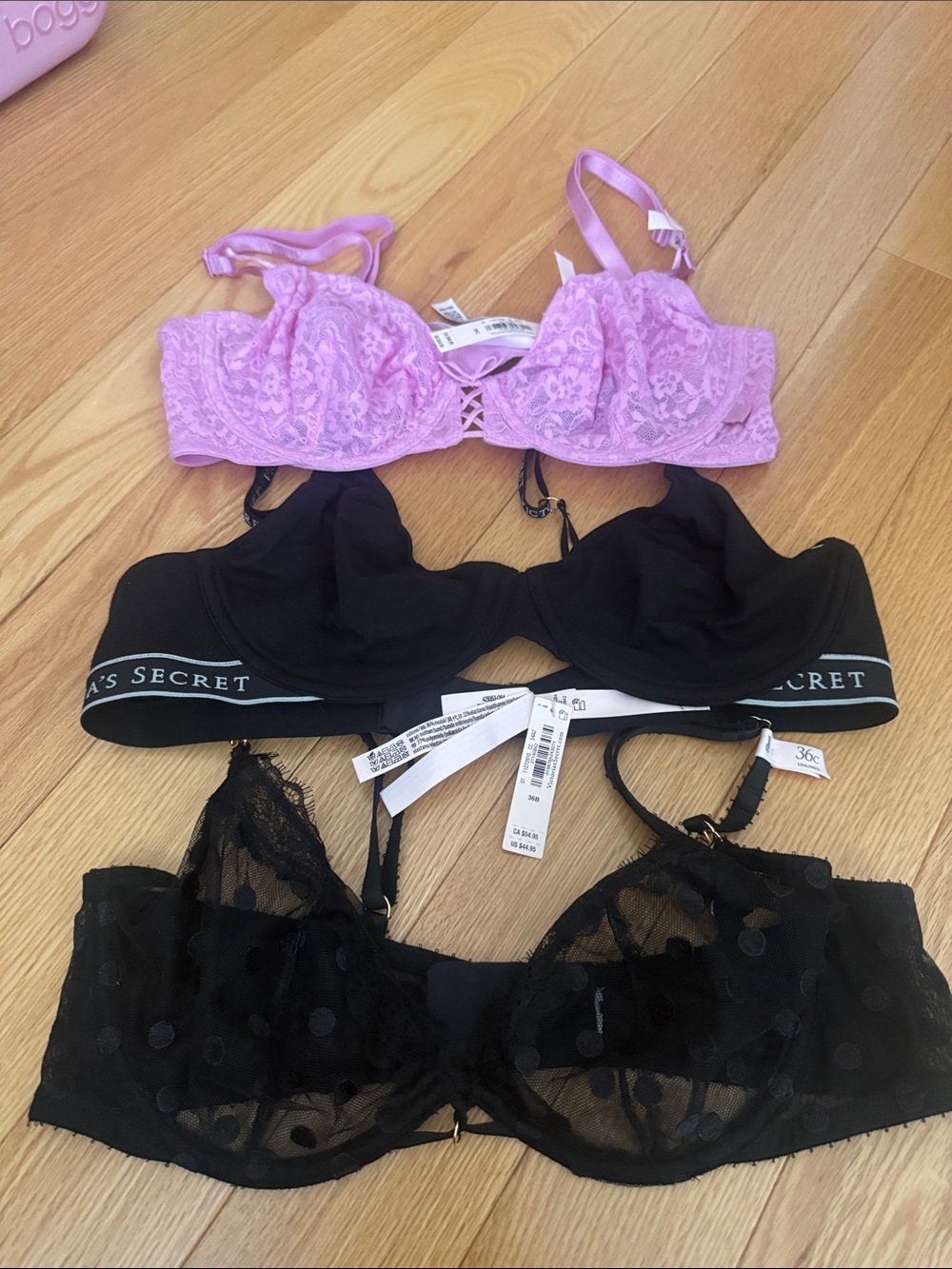 Victoria's Secret Pink Lace & Black Polka Dot and Solid Bras Set